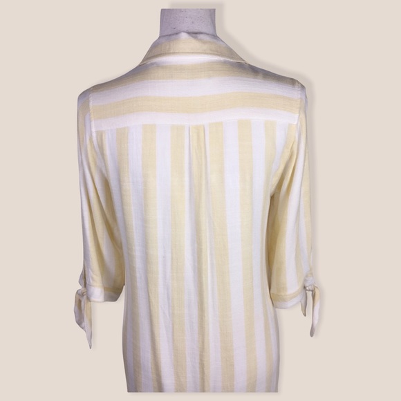 Sharagano Front Button Shirt Dress Sz 10 3/4 Sleeves Tie Yellow White - Picture 2 of 10